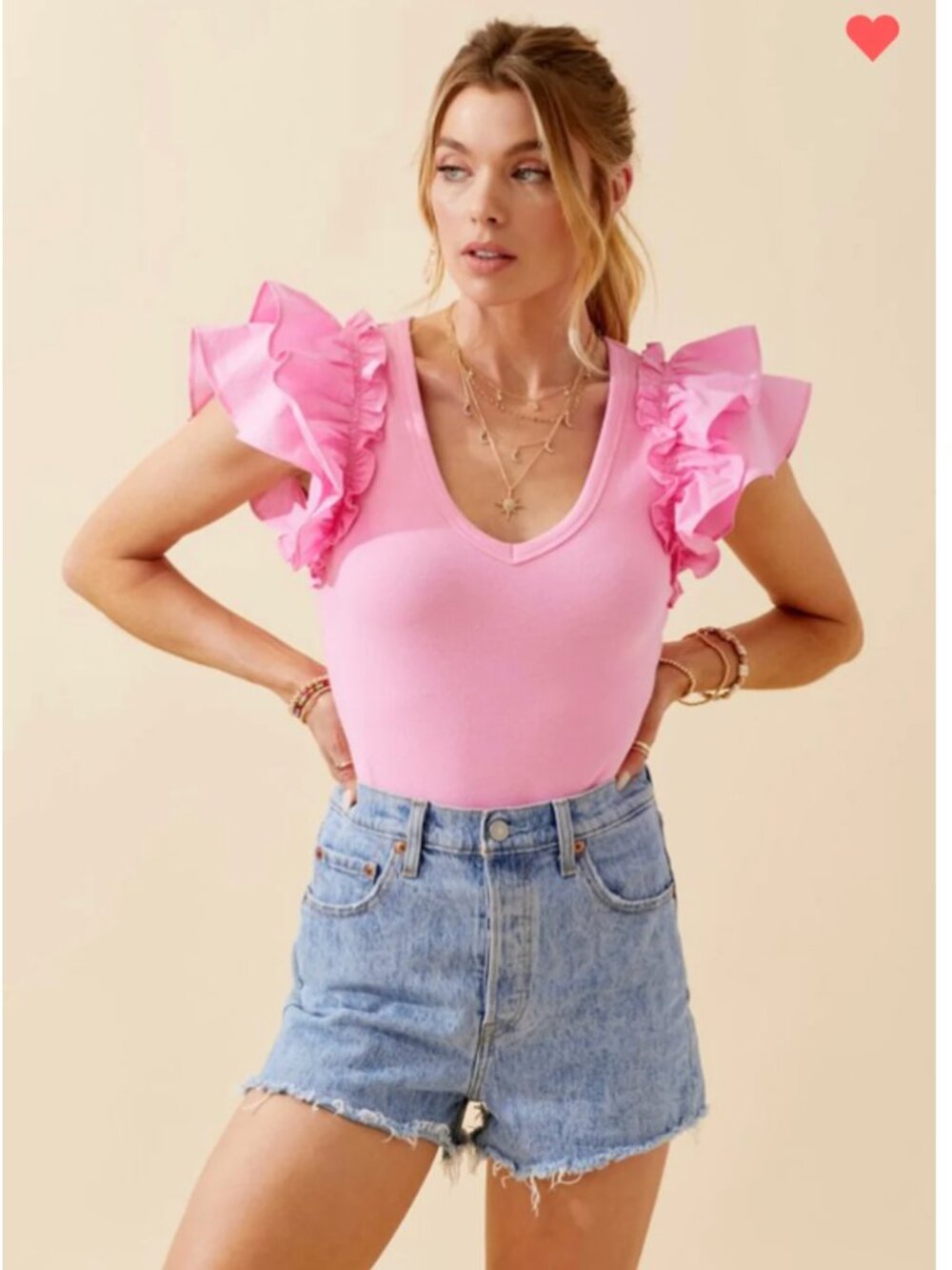 Day + Moon Pink Ribbed Ruffle Puff Sleeve Bodysuit V Neck Tee Size Large